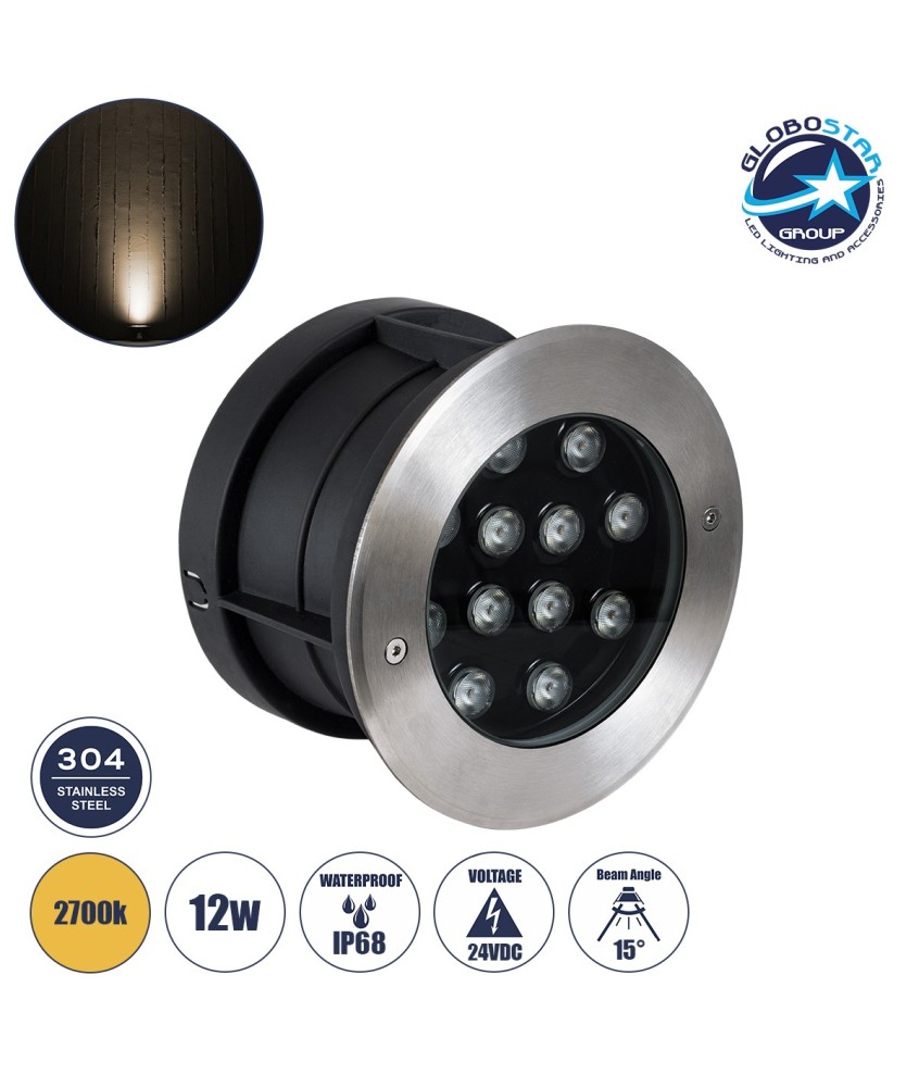 GloboStar® UNDERWATER-JULIA 90568 Υποβρύχιο Χωνευτό Φωτιστικό Σποτ Ειδικό για Σιντριβάνια LED 12W 1080lm 15° DC 24V Αδιάβροχο IP68 Φ18 x Υ11.2cm Θερμό Λευκό 2700K - Ανοξείδωτο Ατσάλι - 3 Χρόνια Εγγύηση